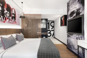 queen bedroom suite with white and black accents